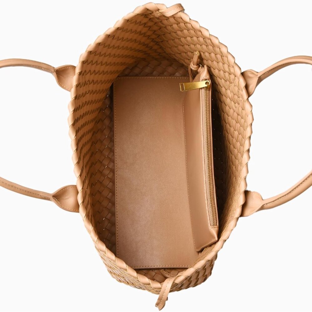 Apricot vegan woven tote bag for women, large convertible handbag with zipper - Picture 7 of 7